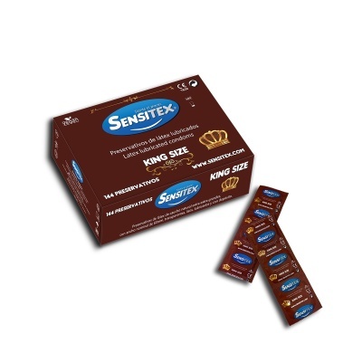Embalagem e saqueta de preservativos Sensitex King Size castanhos