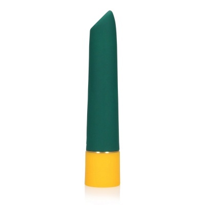 Batom translúcido verde escuro com base amarela e anel dourado isolado