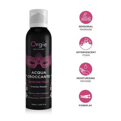 Frasco de mousse crocante Orgie preto com tampa branca e ícones rosa de uso no lado direito