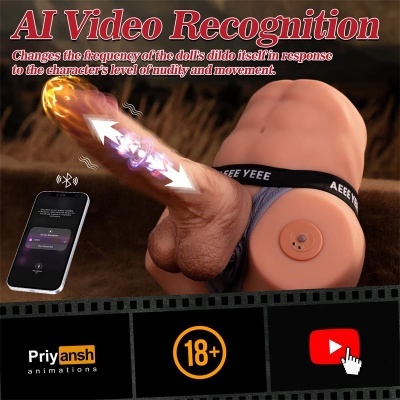 Brinquedo sexual realista castanho com smartphone, texto explicativo e selo 18+