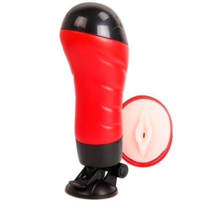 Masturbador masculino vermelho e preto com ventosa e abertura simulada