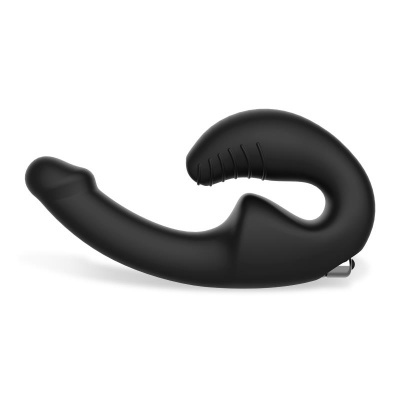 Vibrador preto curvo com textura lisa e detalhes em relevo