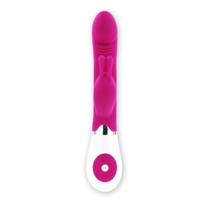 Vibrador rosa com cabo branco e botões de controlo