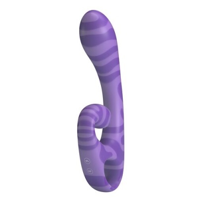 Vibrador roxo com padrão listrado e base com botões.