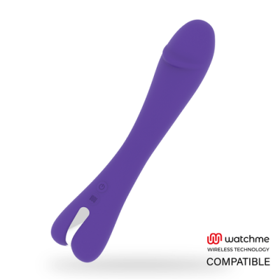 Vibrador roxo de silicone com dois botões e design curvado