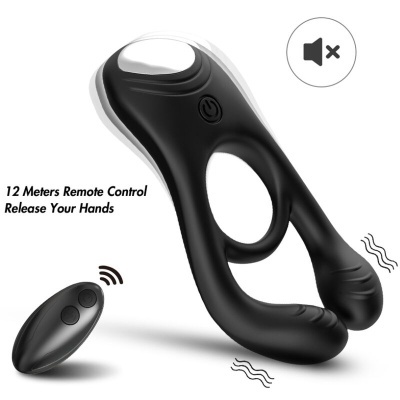 Dispositivo preto com controle remoto, texto e ícone de som mudo em fundo branco