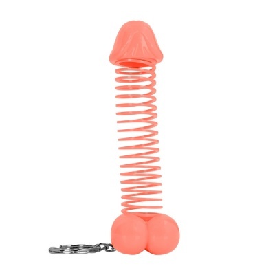Chaveiro mola cor de rosa formato fálico com argola metálica