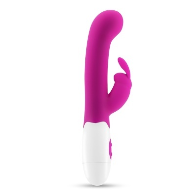 Vibrador rosa e branco com formato curvado e pequena extensão lateral.
