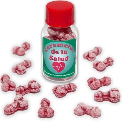 Frasco de caramelos duros vermelhos em formato fálico com rótulo colorido