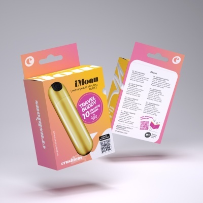 Embalagem colorida do vibrador iMoon com texto e vibrador dourado visível