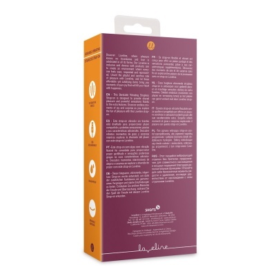 Embalagem do produto Loveline, correia vibratória flexível com texto informativo em várias línguas.