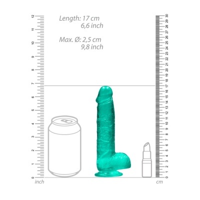 Dildo verde translúcido com régua e silhuetas de lata e batom ao lado