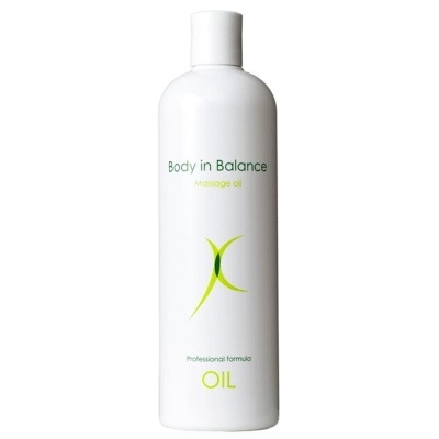 Frasco branco de óleo de massagem Body in Balance com texto verde e amarelo