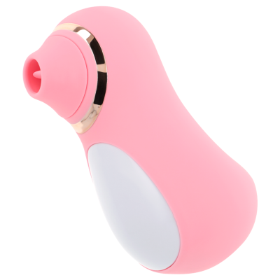 Dispositivo rosado com detalhe branco e anel dourado, formato ergonómico