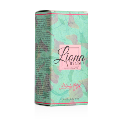 Embalagem de gel libido Liona by Moma em caixa com padrão abstrato verde e rosa