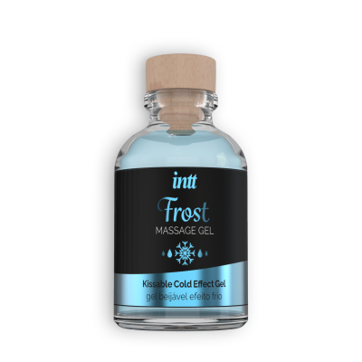 Frasco de gel de massagem azul com tampa de madeira e rótulo preto e prata