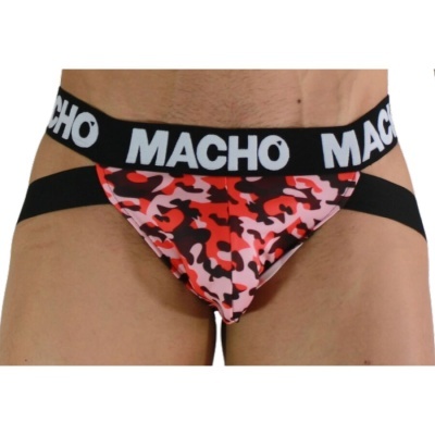 Cueca jockstrap camuflado vermelho com cintura preta e texto branco MACHO