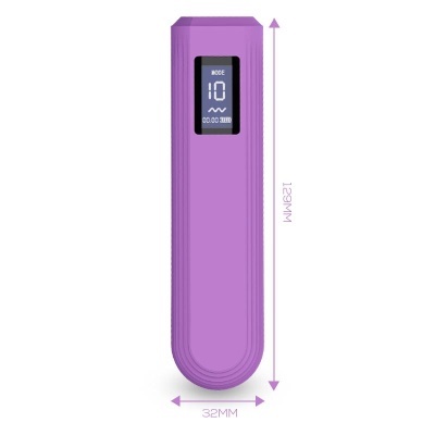 Dispositivo eletrónico roxo com ecrã digital e medidas 129MM x 32MM