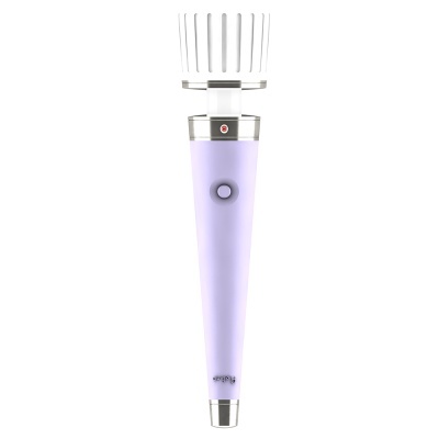 Microfone portátil lilás com detalhes prateados e grade branca no topo