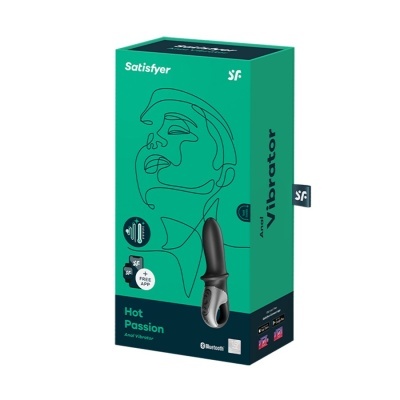 Embalagem de vibrador anal Satisfyer Hot Passion com gráfico linear e informações de Bluetooth