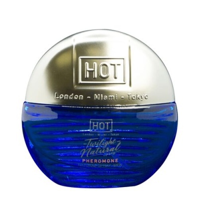 Frasco de perfume azul com tampa metálica prateada e texto HOT