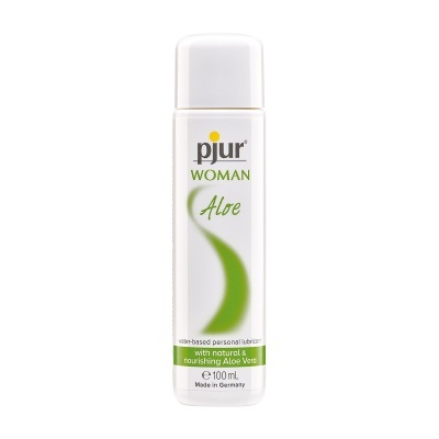 Frasco branco de lubrificante pjur WOMAN Aloe com texto em verde e preto.
