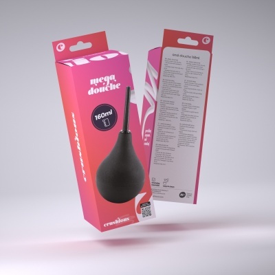 Embalagens cor-de-rosa do produto mega douche com texto multilingue e balão preto com bico.