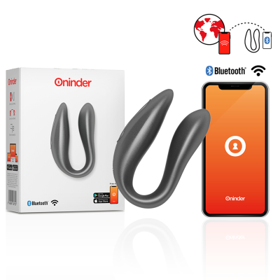 Produto Oninder preto curvado, embalagem branca e smartphone com ecrã laranja