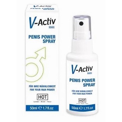 Frasco e embalagem do spray V-Activ Man PENIS POWER SPRAY branco e azul com símbolo masculino amarelo