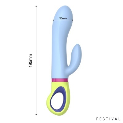 Vibrador azul com base amarela e rosa, texto FESTIVAL