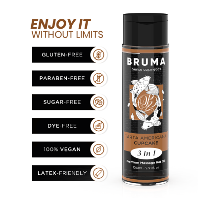 Frasco preto de óleo de massagem quente da marca BRUMA com texto de características livres de glúten, parabenos, açúcar, corantes, 100% vegan e compatível com látex