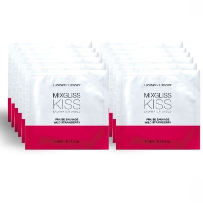 Pacotes de lubrificante MIXGLISS KISS morango selvagem em embalagens brancas e vermelhas