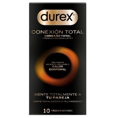 Embalagem preta de preservativos Durex CONEXIÓN TOTAL sem látex com texto bilingue