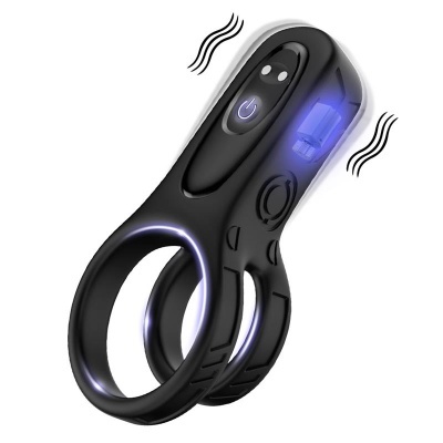 Anel preto em silicone com botão iluminado azul e motor vibratório