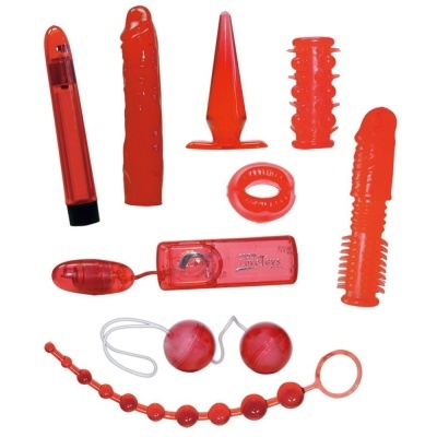 Conjunto de brinquedos sexuais vermelhos em silicone translúcido com controle e diferentes formas