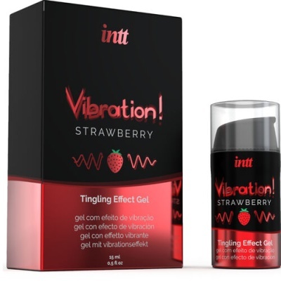 Gel Vibration! Strawberry embalagem preta e vermelha com doseador transparente.