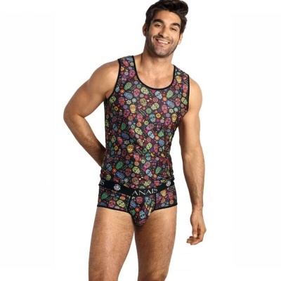 Conjunto de roupa interior masculina com padrão de caveiras coloridas e texto ANAIS no elástico