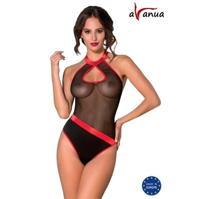 Body preto transparente com detalhes vermelhos em lingerie feminina