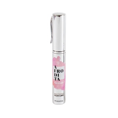 Frasco de perfume prateado com tampa e clip e detalhes em cor-de-rosa e texto preto e rosa