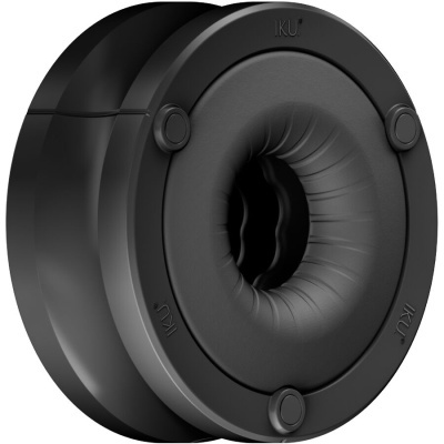 Produto circular preto almofadado com texto IKU na borda