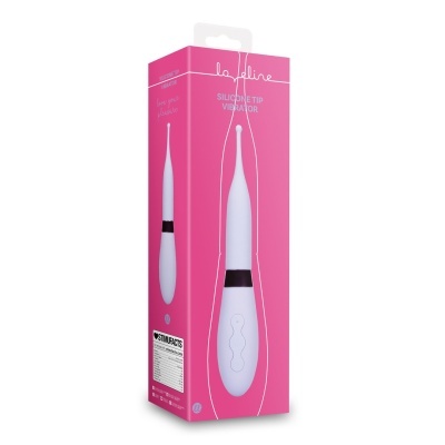 Embalagem rosa de vibrador com ponta de silicone branco e texto