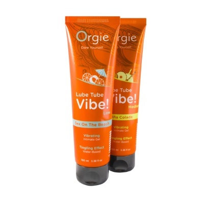 Tubos laranja de gel íntimo vibratório Orgie com tampas pretas