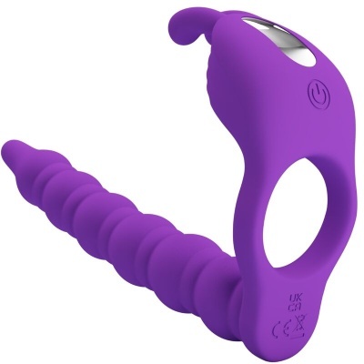 anel vibratório roxo de silicone com botão e textura ondulada