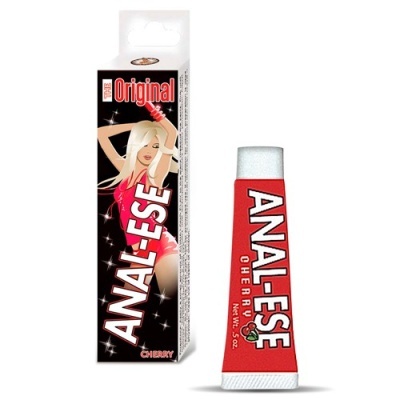 Embalagem e tubo de produto ANAL-ESE sabor Cherry com design vermelho, branco e preto
