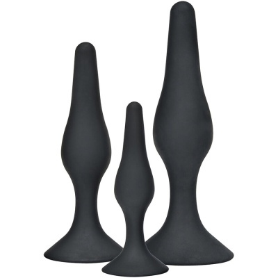 Três plugues anais pretos de silicone em diferentes tamanhos