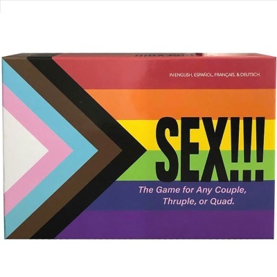Caixa de jogo SEX!!! com cores da bandeira arco-íris e texto grande