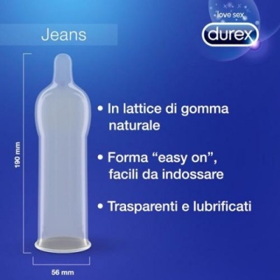 Imagem de preservativo Durex Jeans transparente em fundo azul com texto em italiano.