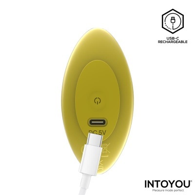 Dispositivo amarelo oval com porta USB-C e cabo conectado