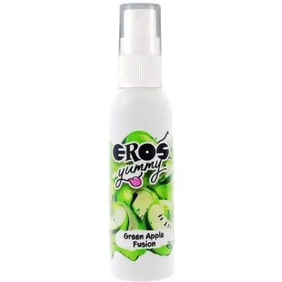 Frasco spray branco com rótulo verde de maças verdes e texto EROS yummy Green Apple Fusion