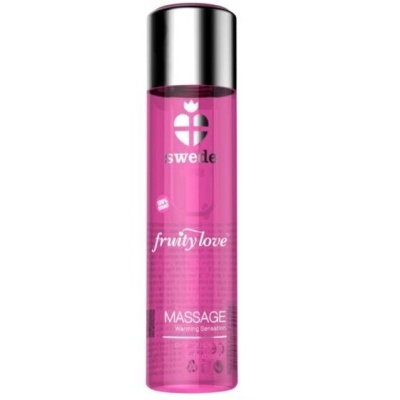 Frasco de óleo de massagem rosa com tampa prateada e texto no rótulo